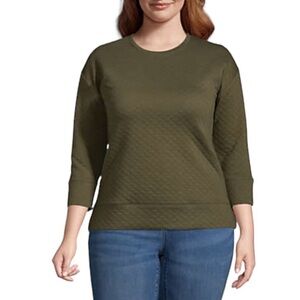 Lands End Women's 10 3/4 Sleeve Quilted Crew Neck Top Moss Green Cozy